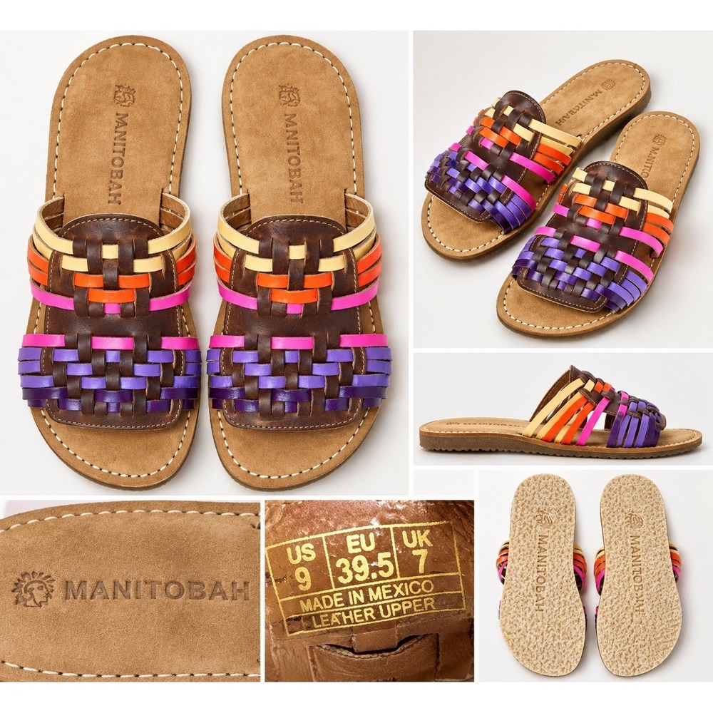 Manitobah Mukluks Slide Sandals Womens 9 Multicolor Castello Hand Woven Leather
